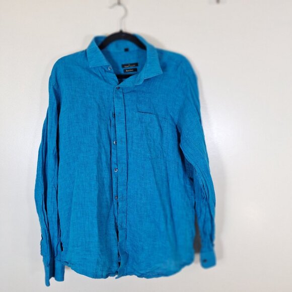 Peri Alley Pure Linen long sleeve button down shirt blue size 16.5/42 - Picture 1 of 6